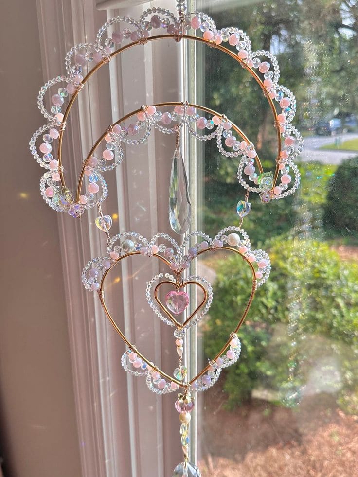 Delicate Pastel Beaded Heart Suncatcher Design