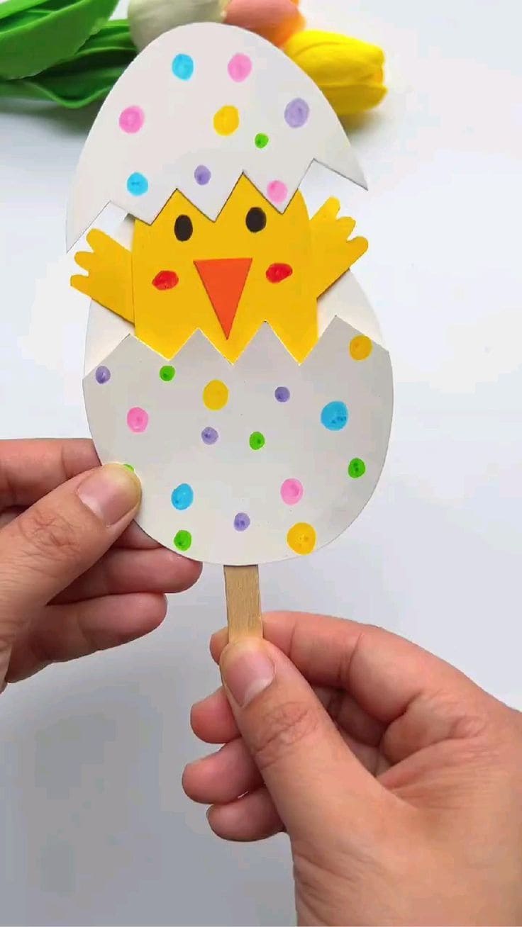 Easter Chick in Cracked Egg Craft with Colorful Dots