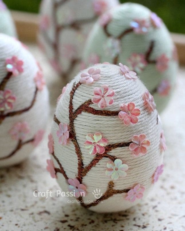 Elegant Cherry Blossom Yarn-Wrapped Eggs