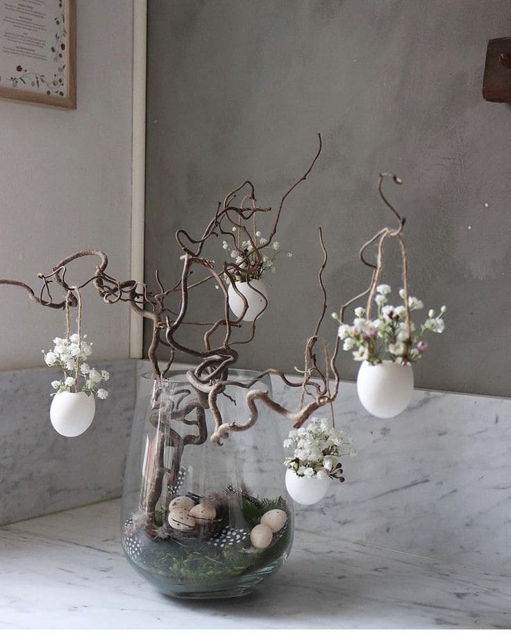 Elegant Easter Tree with Hanging Egg Vases and Flowers