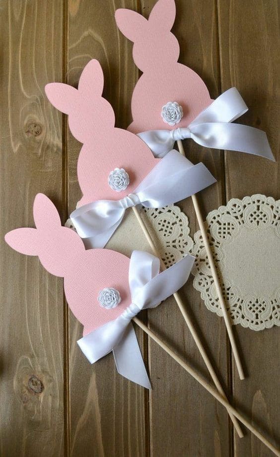 Elegant Pink Bunny Stick Decorations with Bows