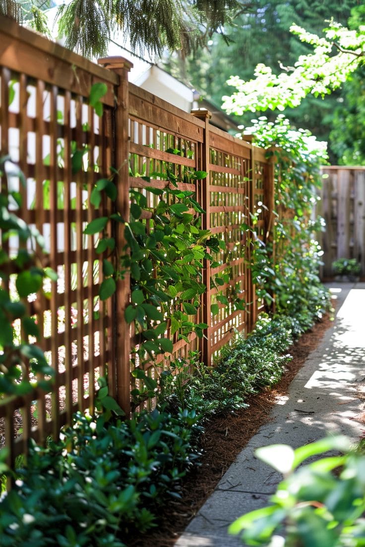 Elegant Wooden Lattice Fence with Verdant Vines