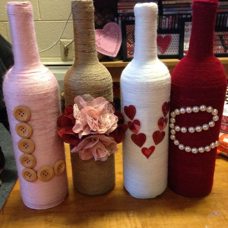 Elegant Yarn-Wrapped Bottles with Romantic Accents