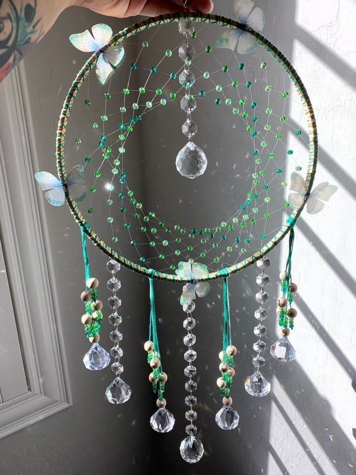 Ethereal Green Beaded Butterfly Suncatcher Hoop