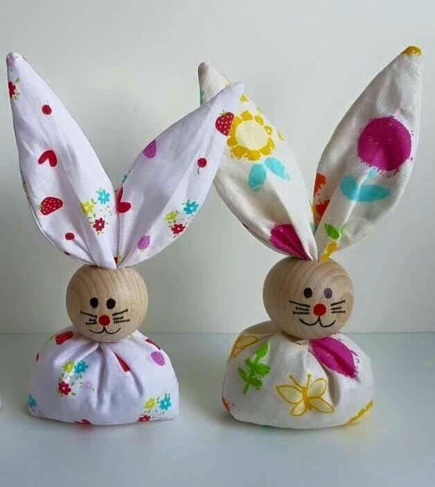 Fabric Bunny Craft with Wooden Heads and Cute Ears