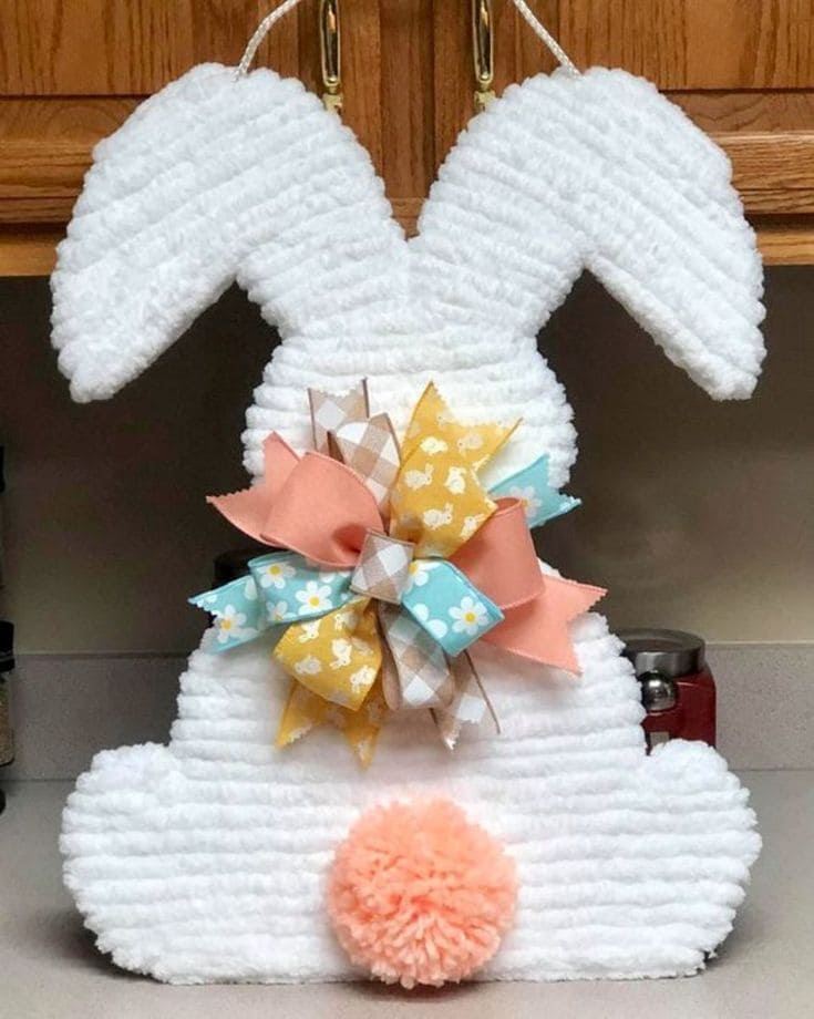 Fluffy Bunny Door Hanger with Vibrant Bows