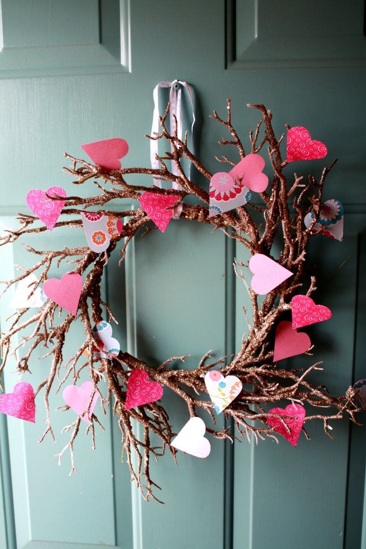 Glittery Twig Wreath Adorned with Colorful Heart Cutouts