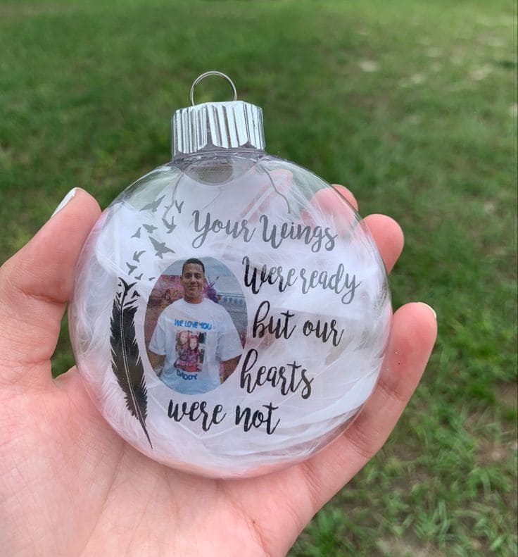 Heartfelt Feathered Memorial Photo Ornament Design