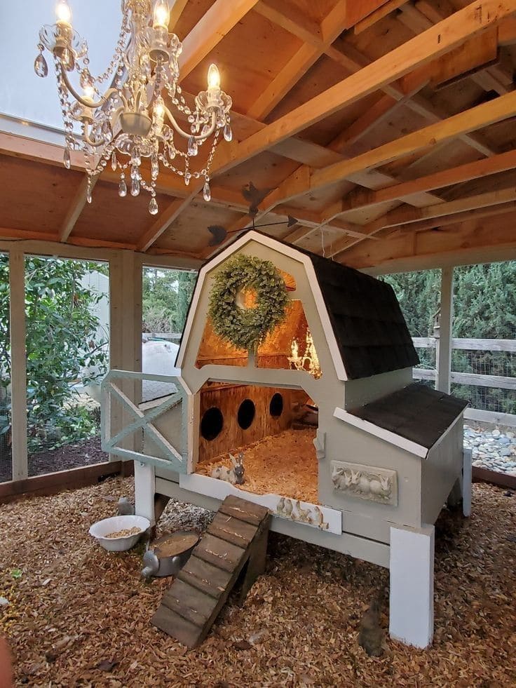 Luxurious Farmhouse-Inspired Chicken Coop with Chandelier