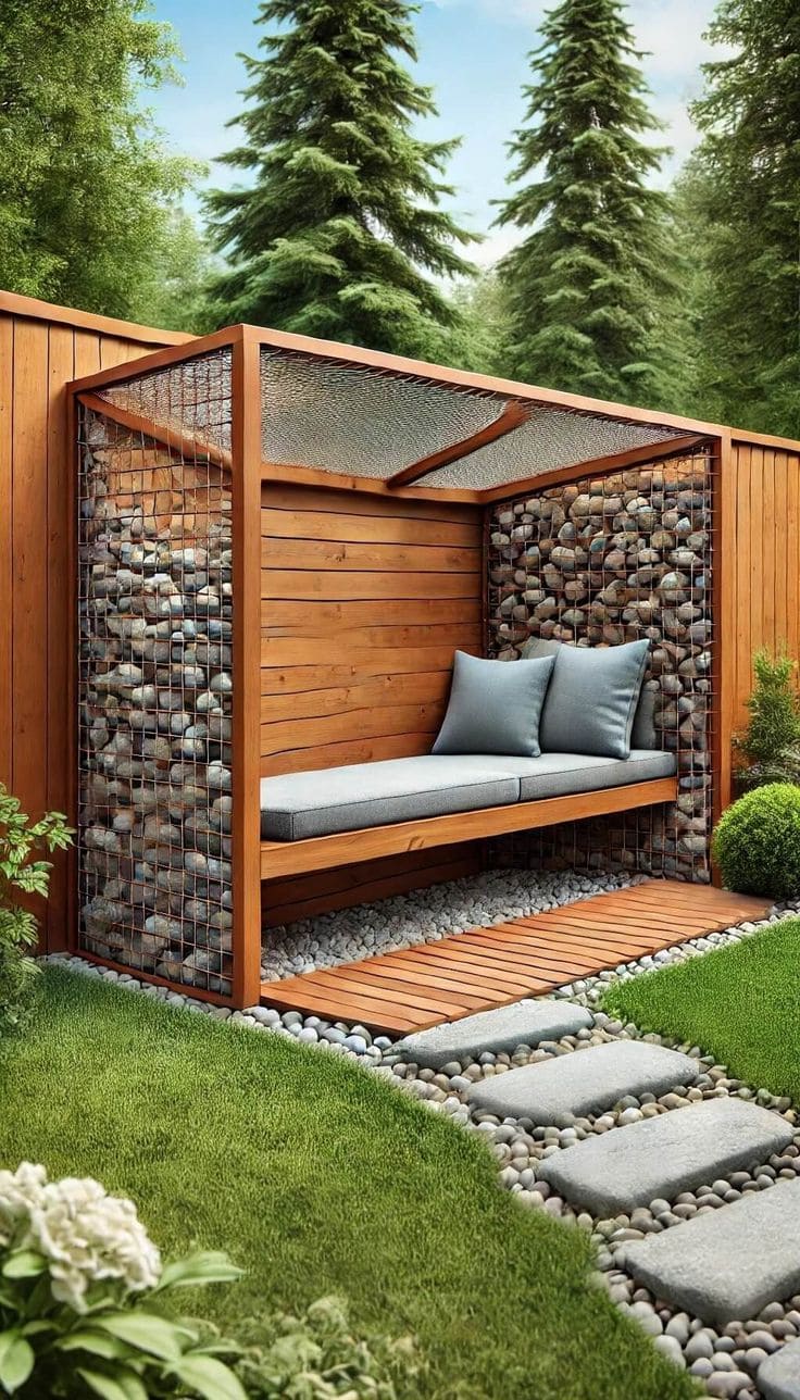 Modern Wooden Pergola with Gabion Accents