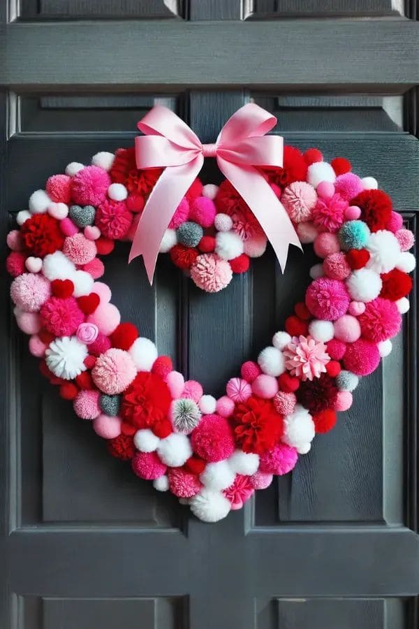 Pom-Pom Heart Wreath with Sparkling Accents and a Pink Bow