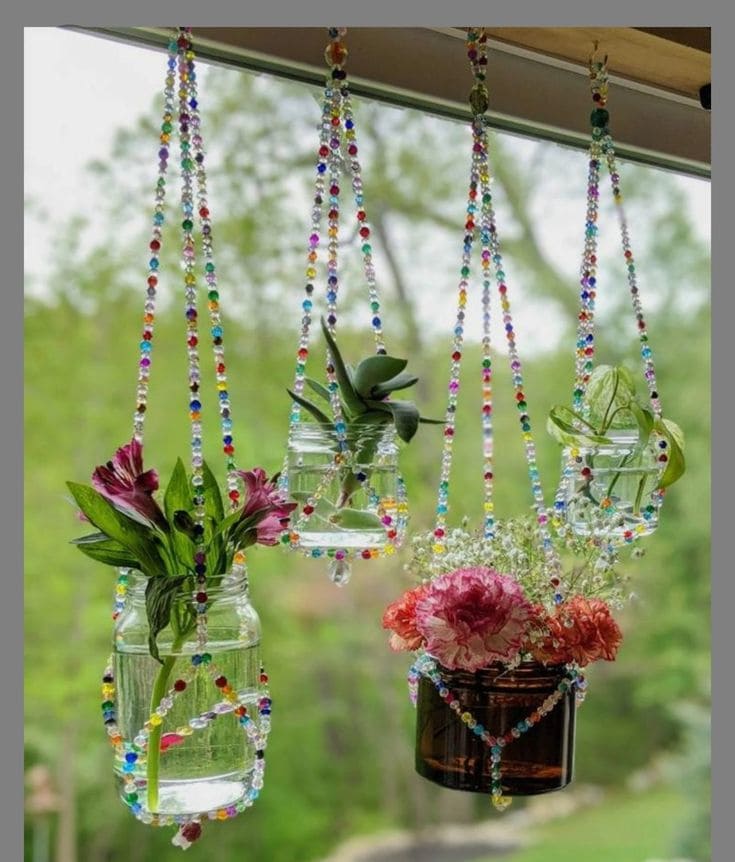 Radiant Beaded Hanging Jar Suncatcher Planters