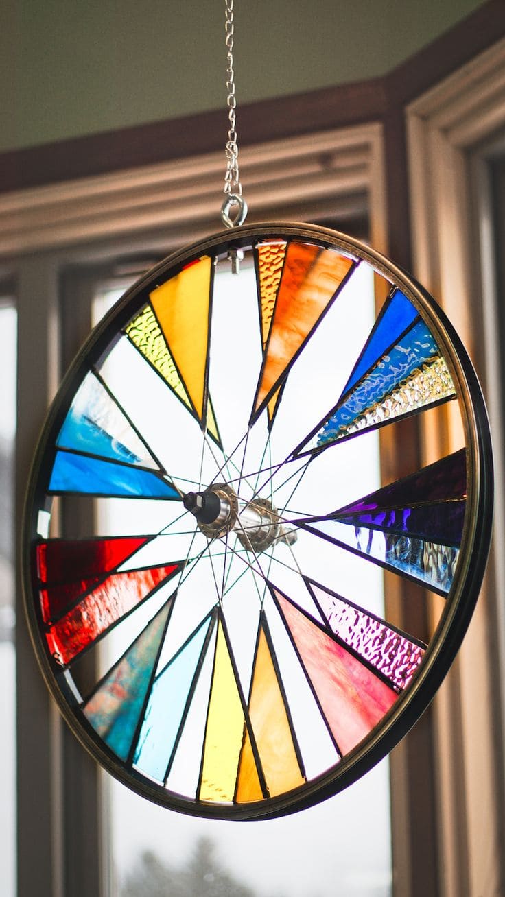 Radiant Bicycle Wheel Stained Glass Art