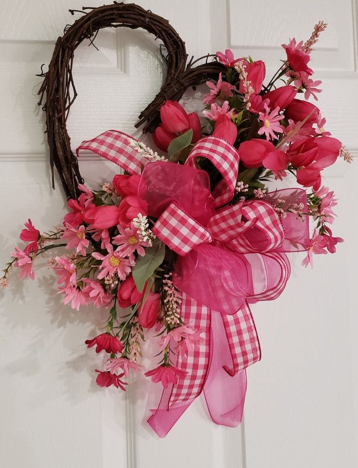 Romantic Floral Heart Wreath with Ribbons