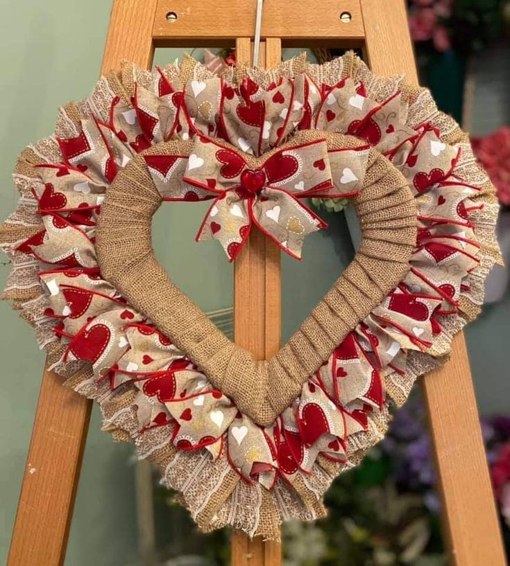 Rustic Burlap and Heart Ribbon Wreath