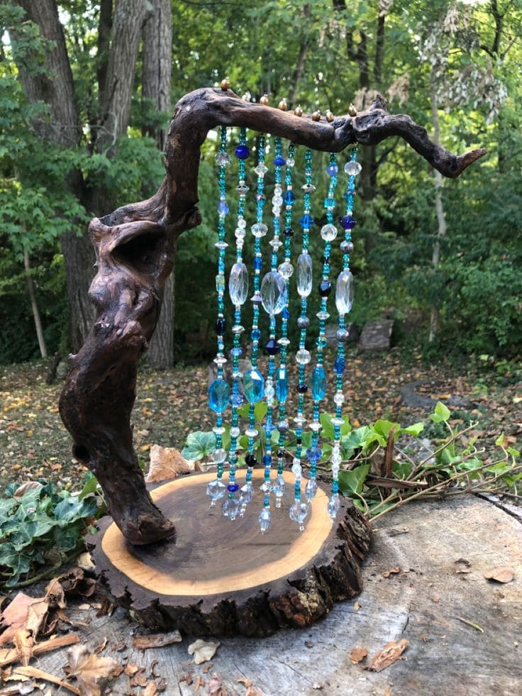 Rustic Driftwood and Blue Beaded Suncatcher