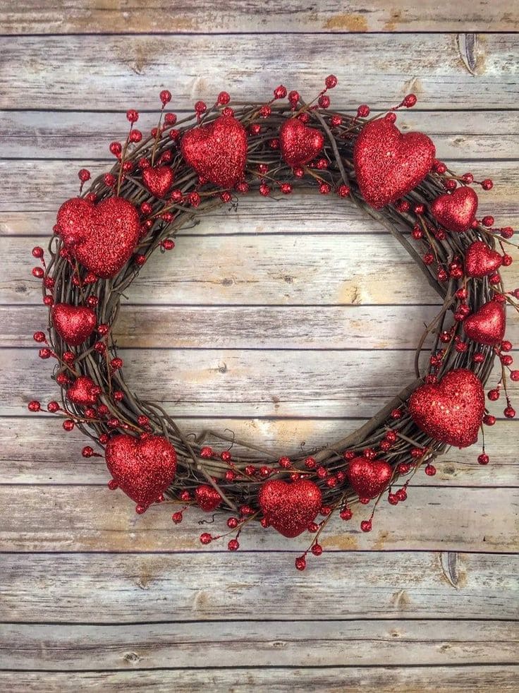 Rustic Glittering Heart Vine Wreath Design