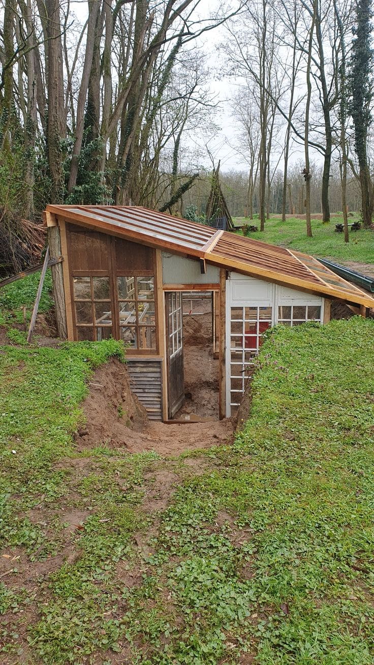 Rustic Hillside Greenhouse with Reclaimed Windows