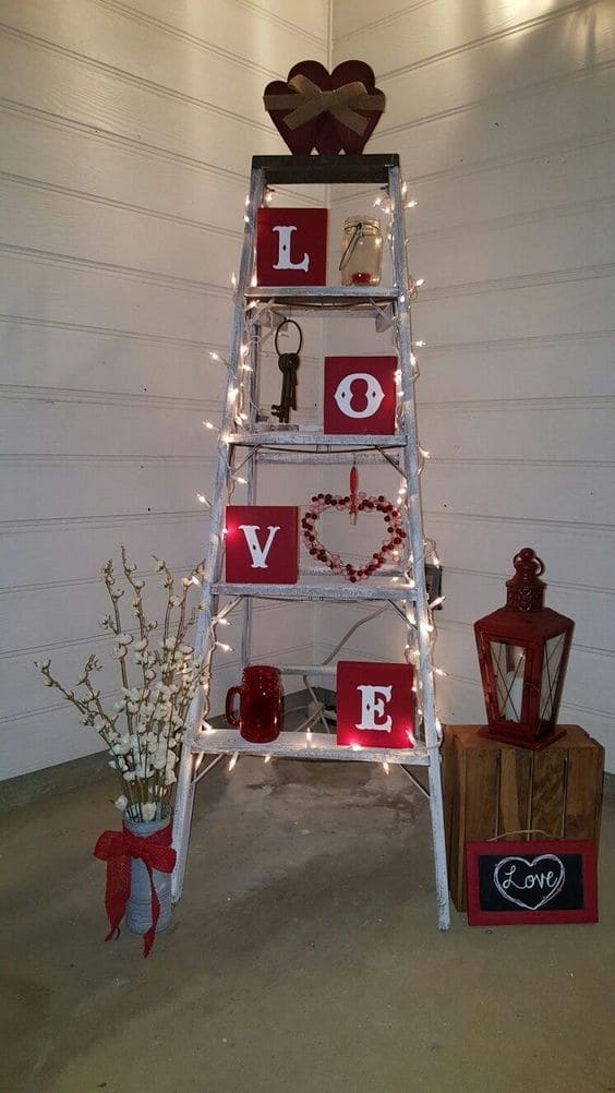 Rustic Ladder Valentine Display with Lights