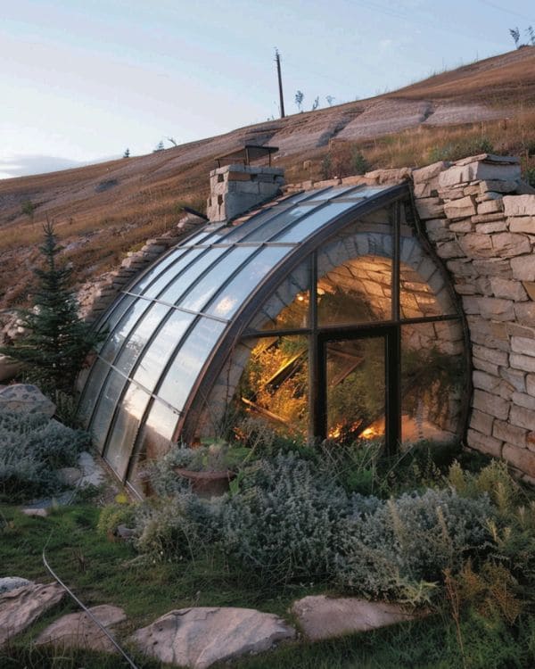 Rustic Underground Greenhouse with Stone and Glass