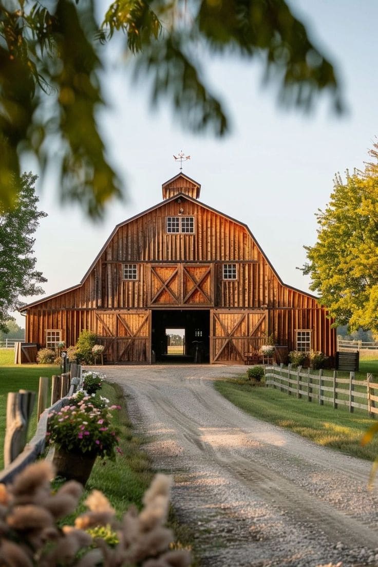 Rustic Wooden Farmhouse Fence with Gravel Driveway