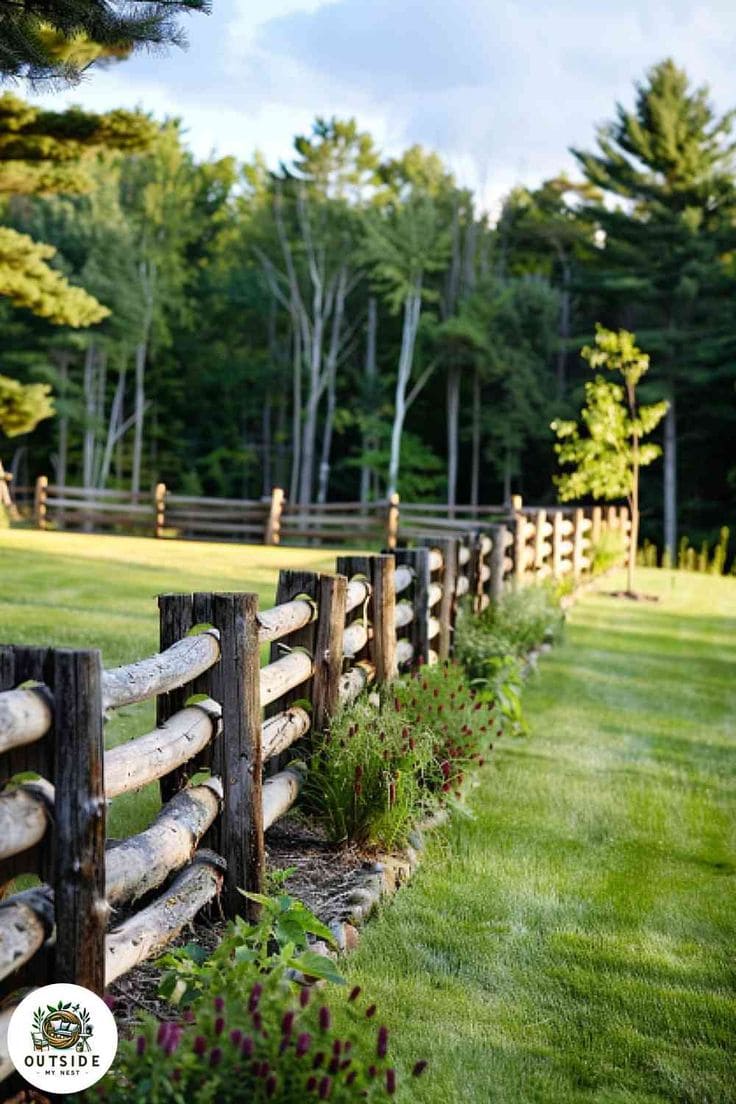 Rustic Wooden Farmhouse Fence with Wildflower Border