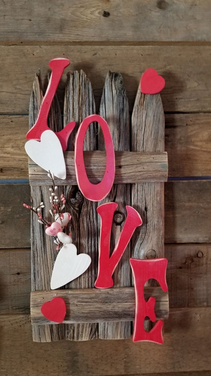 Rustic Wooden Love Sign with Hearts