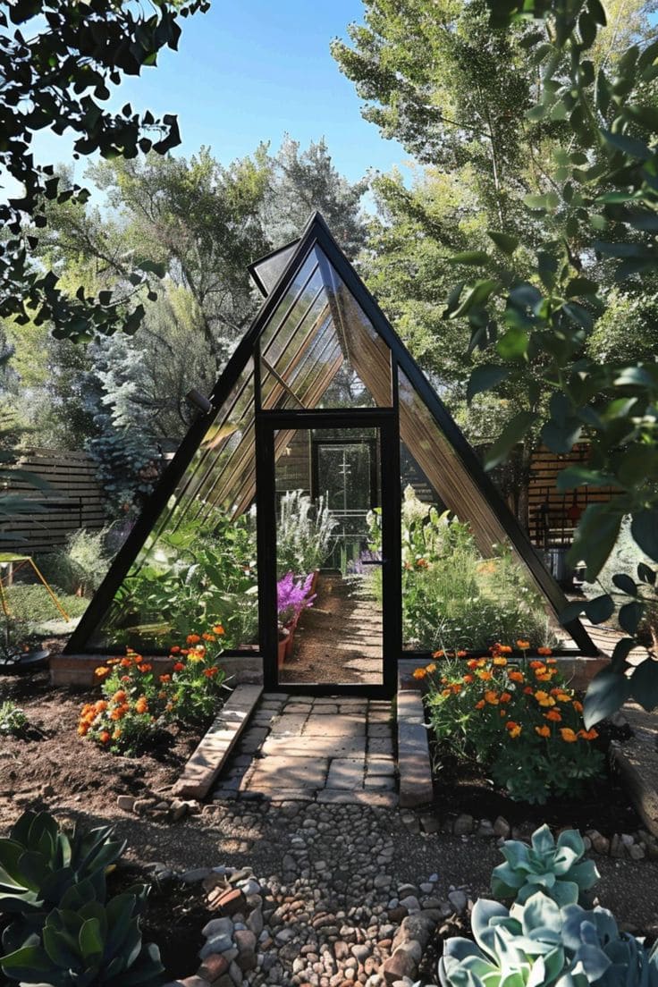 Sleek A-Frame Glass Greenhouse with Desert Garden