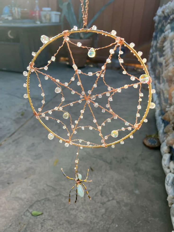 Sparkling Crystal Spiderweb with Hanging Gem Spider