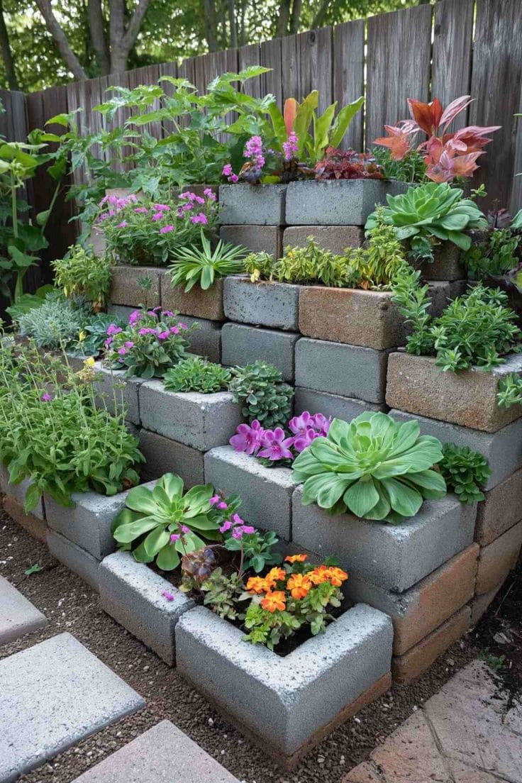 Tiered Cinder Block Garden with Vibrant Succulents