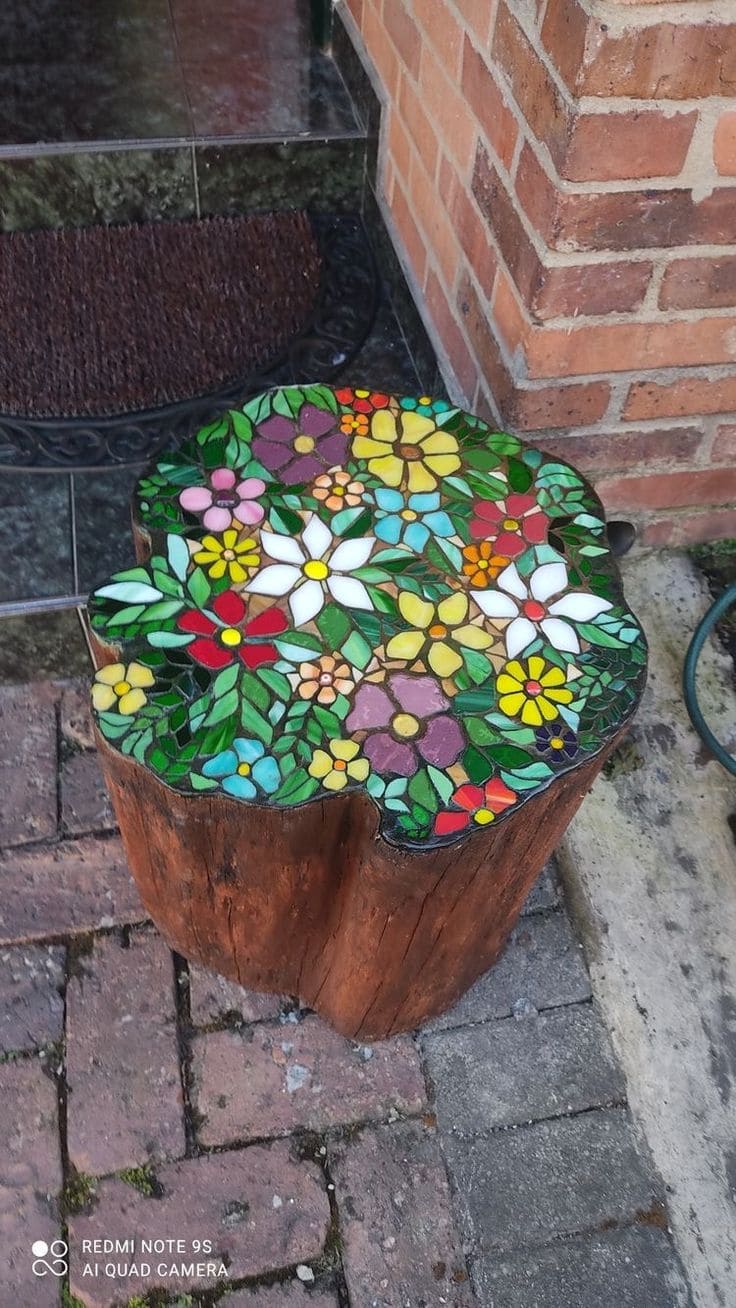 Vibrant Floral Stained Glass Stump Table