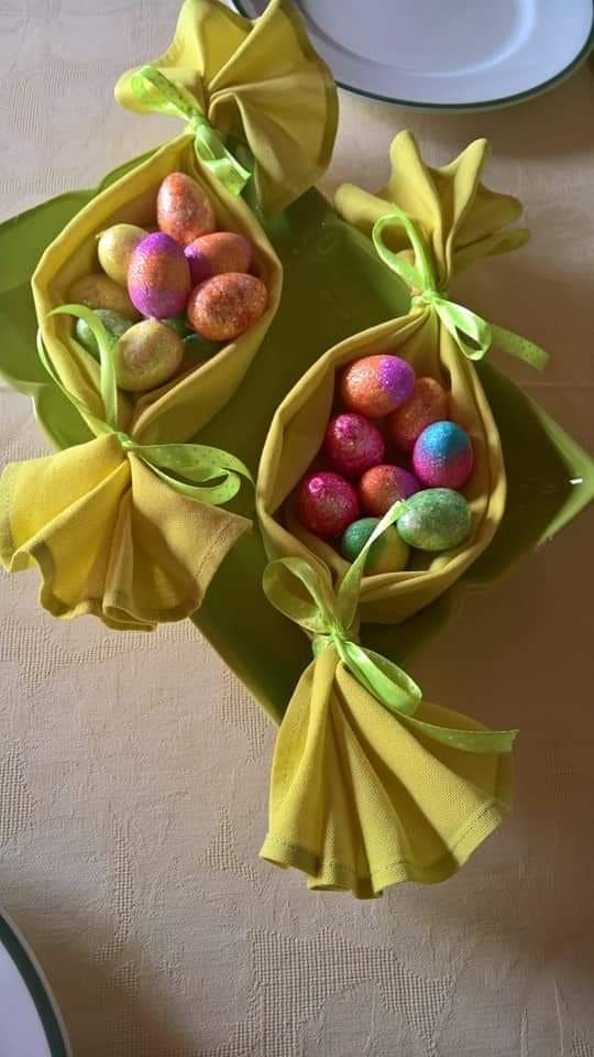 Vibrant Napkin-Wrapped Easter Egg Displays