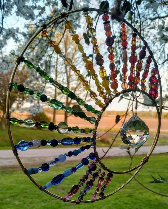 Vibrant Rainbow Beaded Crystal Hoop Suncatcher