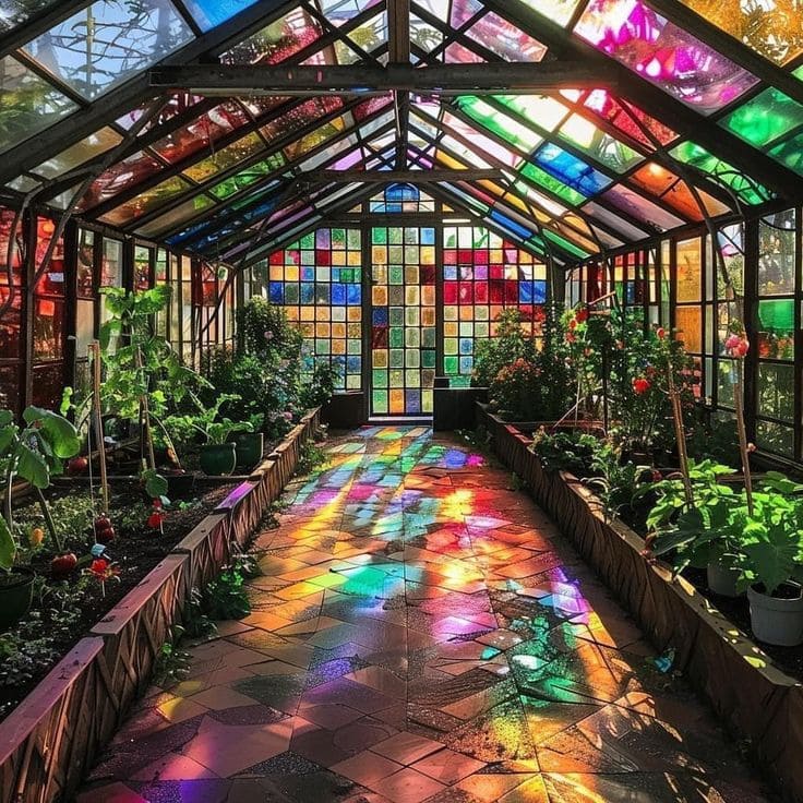 Vibrant Stained Glass Greenhouse Retreat