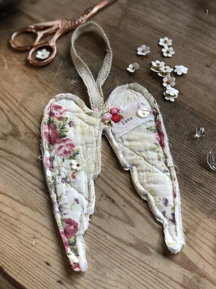 Vintage Floral Fabric Angel Wing Ornament