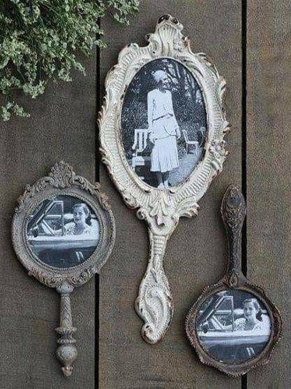 Vintage Hand Mirror Photo Memorial Display