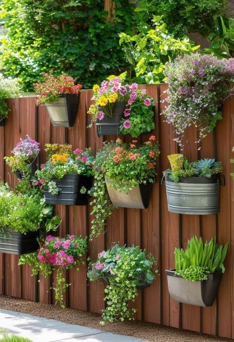 Vivid Vertical Planters on Rustic Wooden Fence