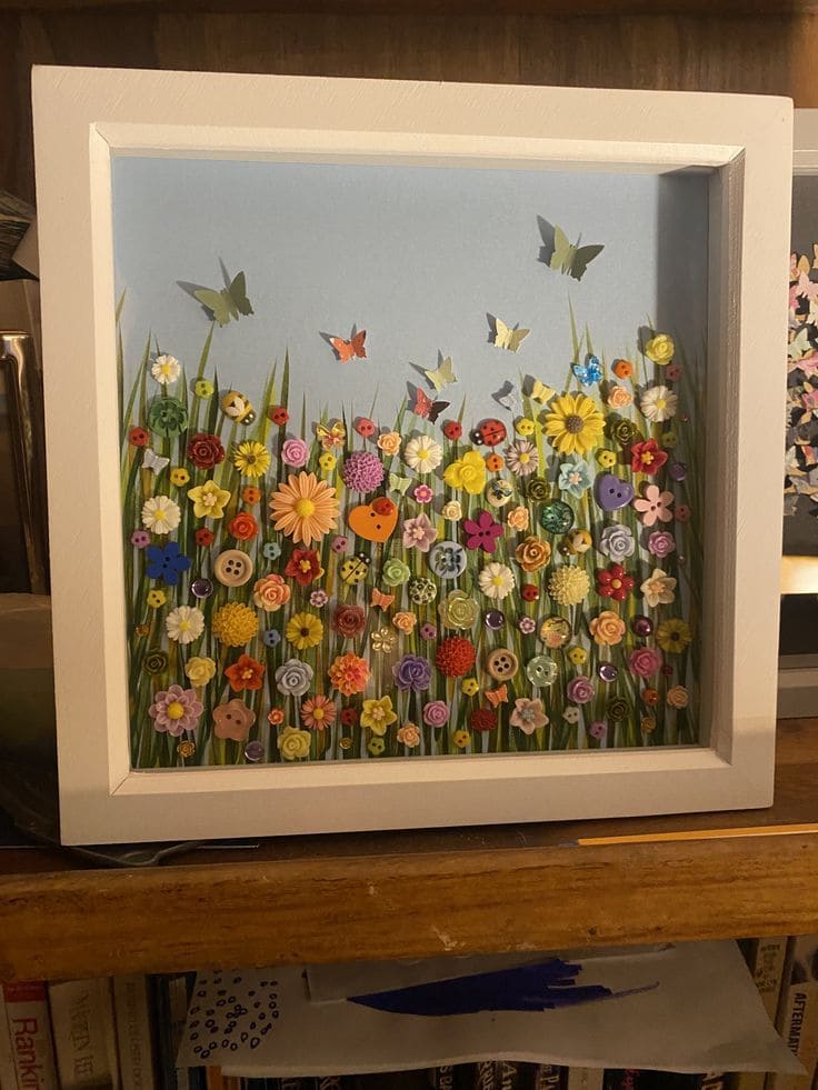 Whimsical Button Meadow Frame Art