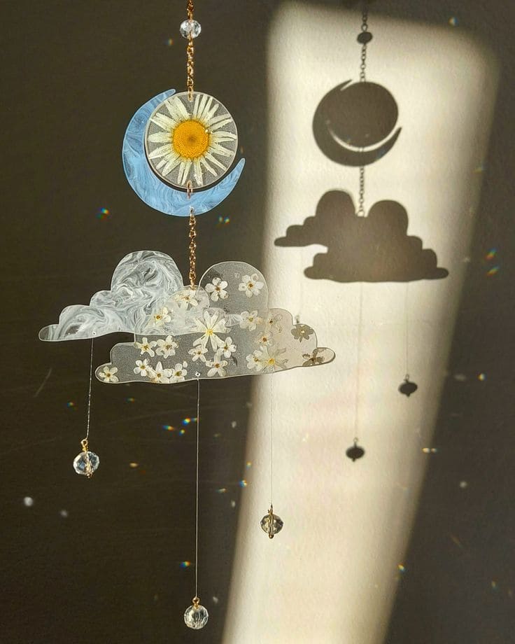 Whimsical Moon and Floral Cloud Suncatcher