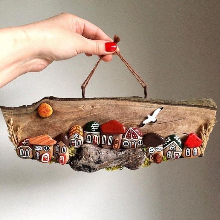 Whimsical Painted Stone Village Art