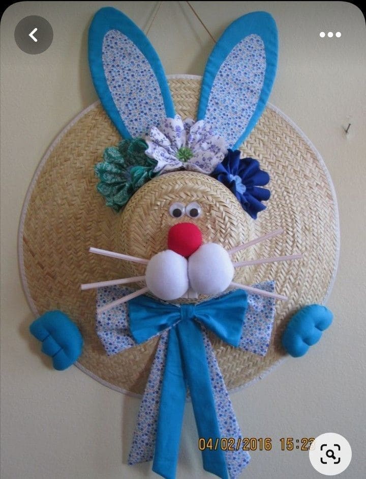 Whimsical Straw Hat Bunny Wall Decoration