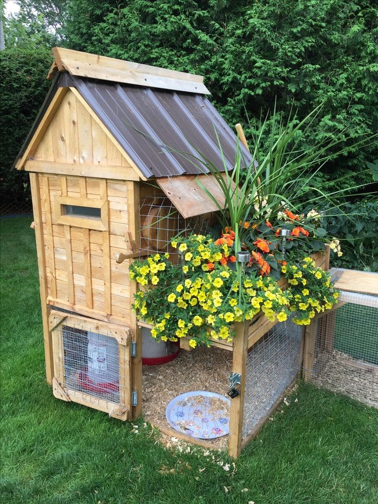 Wooden Chicken Coop with Floral Accents