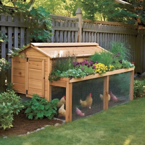 Wooden Chicken Coop with Lush Herb Garden