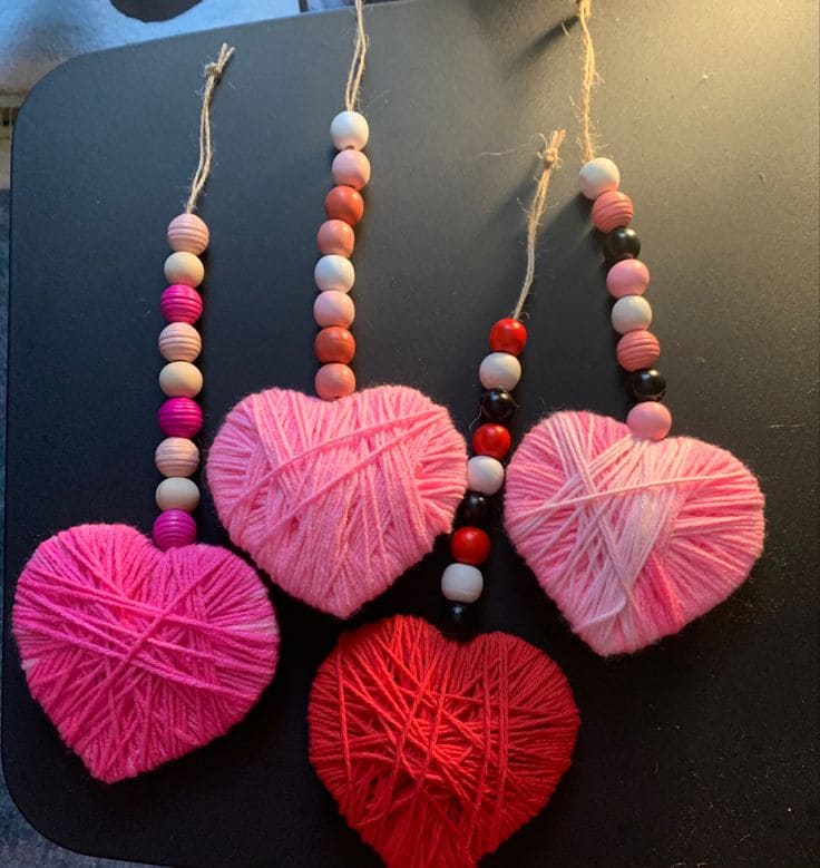 Yarn-Wrapped Heart Ornaments with Beads