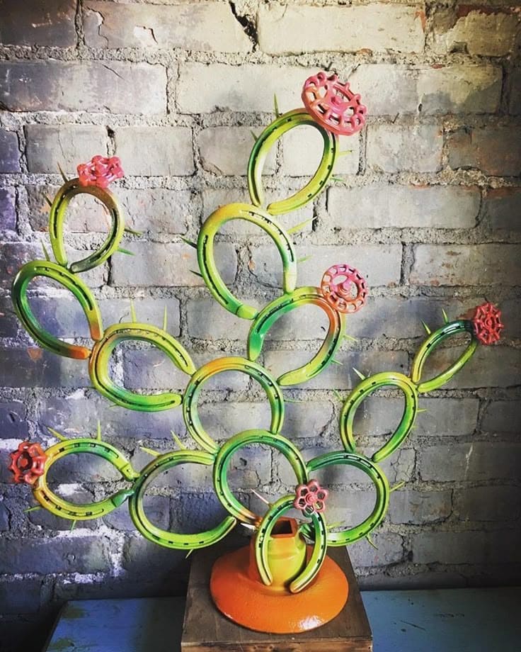 Painted Horseshoe Cactus Garden Sculpture