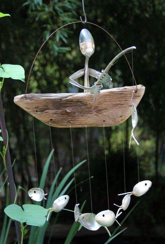 Silverware Mobile with Driftwood Boat