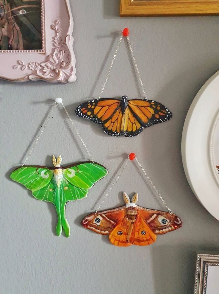 Hanging Clay Moth and Butterfly Art