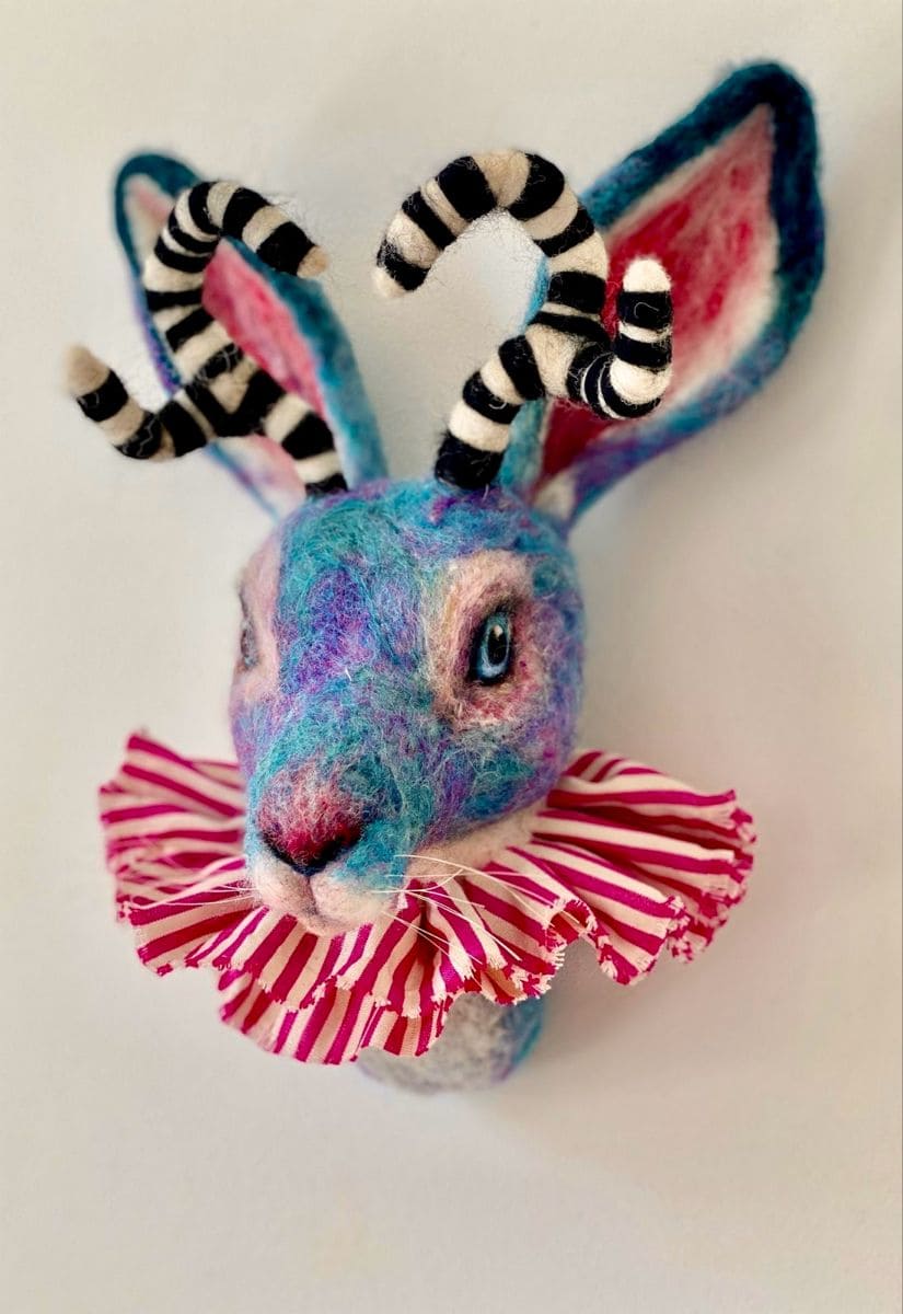 Whimsical Felt Jackalope With Candy Striped Flair