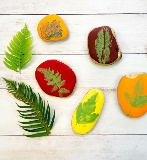 Leaf Print Painted Rocks