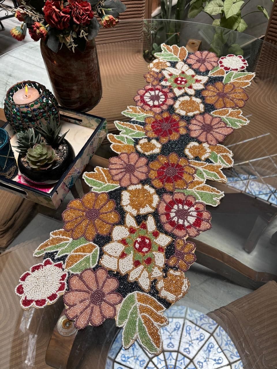 Beaded Floral Elegance Table Runner